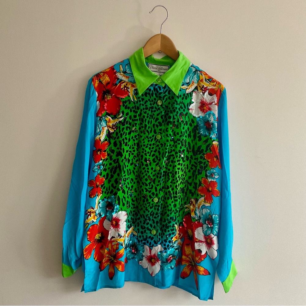 Diane Gilman | Vintage 100% Silk Leopard Floral Sequin Maximalist Blouse | M - Picture 5 of 12
